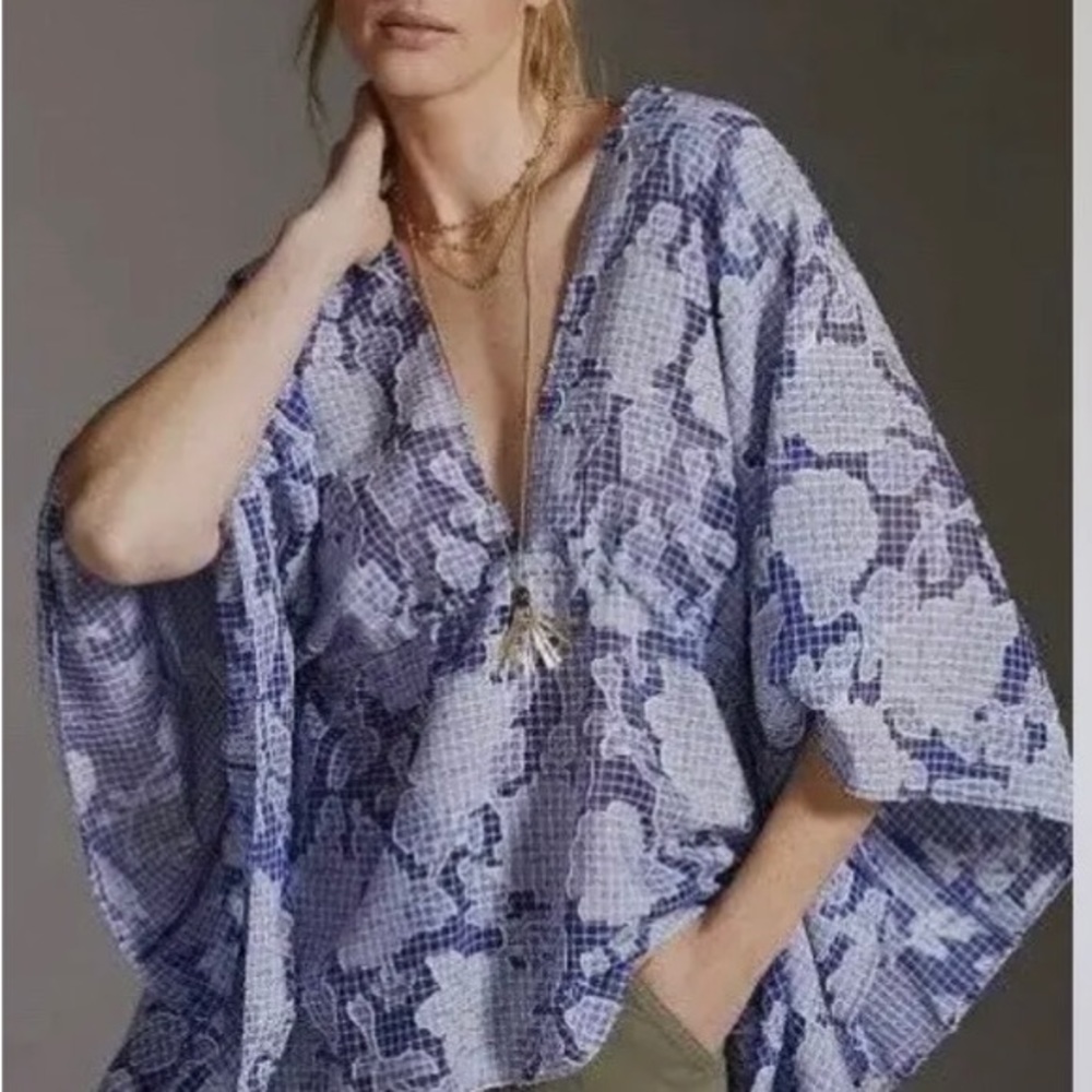 Anthropologie Tie-Front Blue Floral Caftan One Size